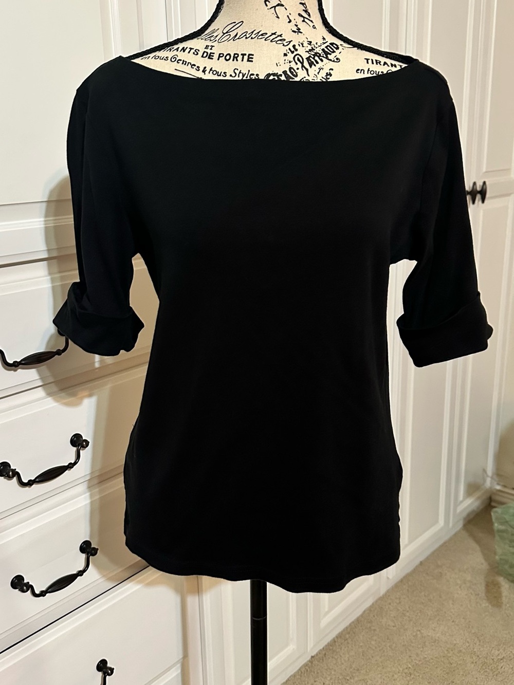 Lauren Ralph Lauren Black Boatneck Tunic with Rolled Three-Quarter Sleeves